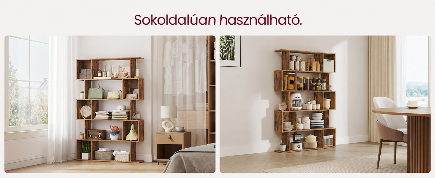 Termékbemutató – VASAGLE CUSTOS S alakú könyvespolc, 5 szintes, 90 × 24 × 159 cm, rusztikus barna
