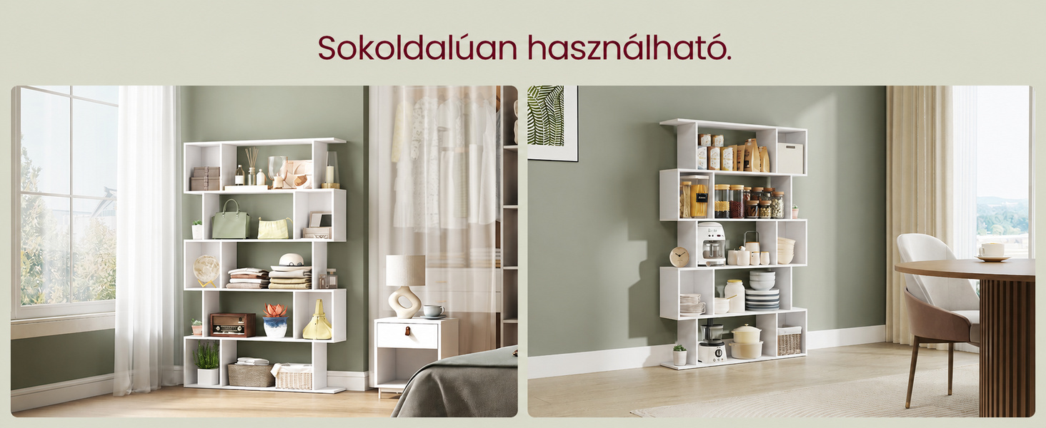 Termékbemutató – VASAGLE CUSTOS S alakú könyvespolc, 5 szintes, 90 × 24 × 159 cm, felhőfehér