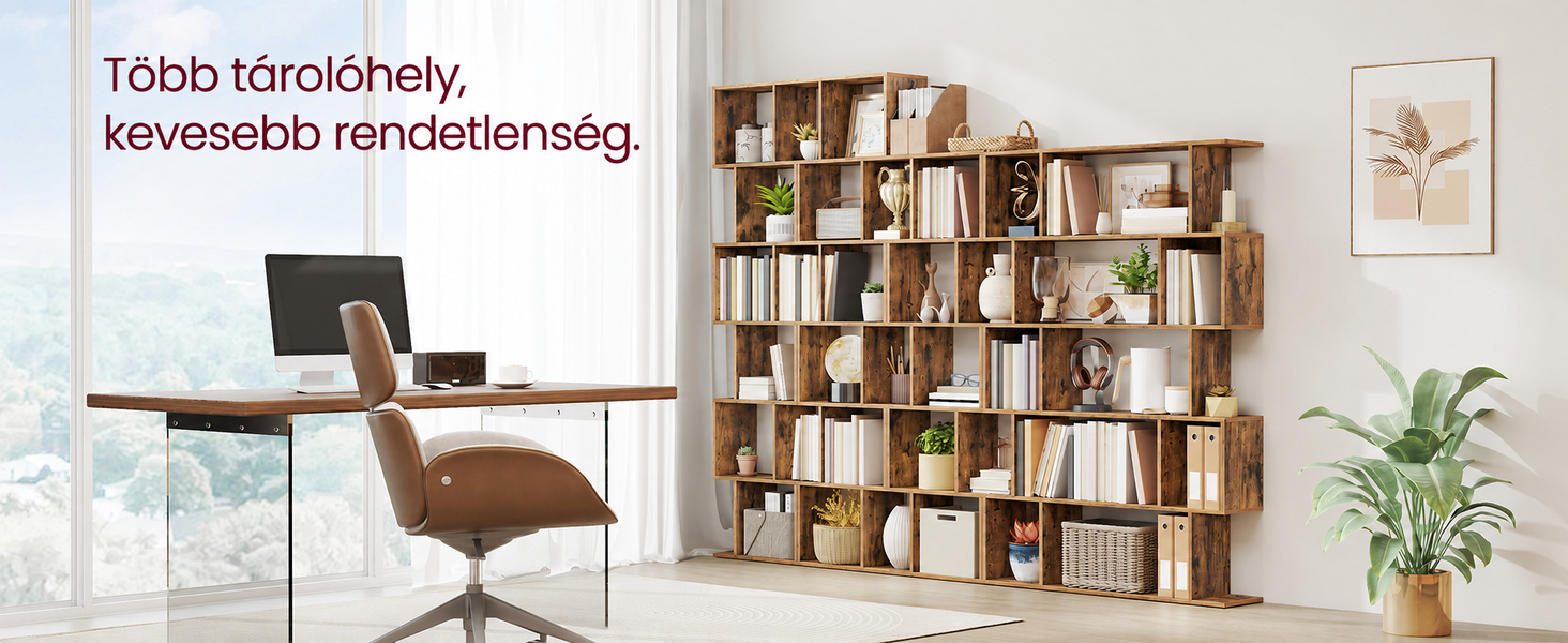 Termékbemutató – VASAGLE CUSTOS keskeny S alakú könyvespolc, 6 szintes, 40 × 24 × 191 cm, rusztikus barna