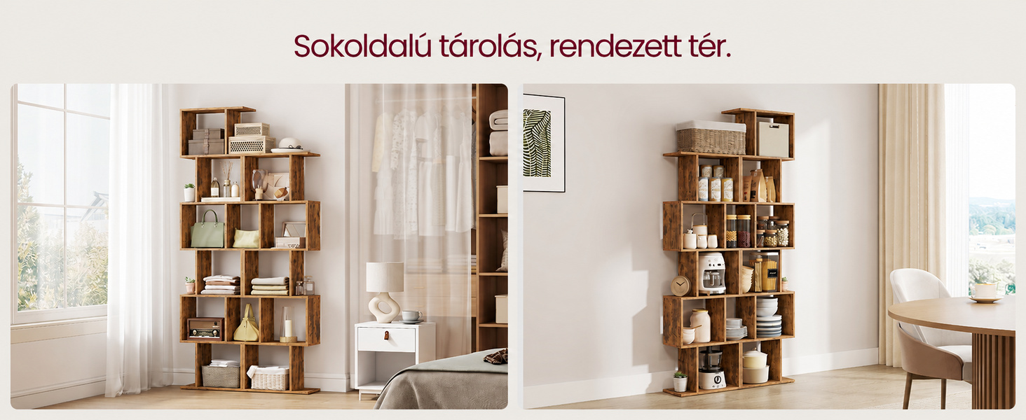 Termékbemutató – VASAGLE CUSTOS keskeny S alakú könyvespolc, 6 szintes, 40 × 24 × 191 cm, rusztikus barna
