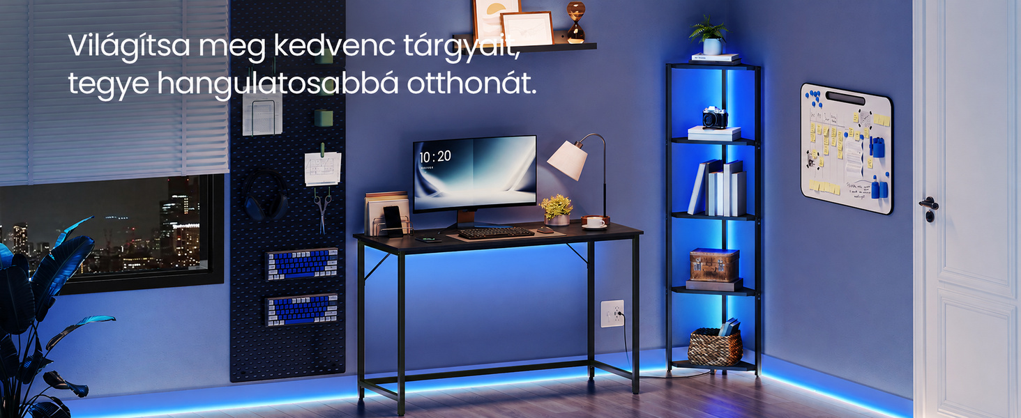 Termékbemutató – VASAGLE LED-es sarokpolc 5 szinttel, 7 színű világítással, fekete, 48 × 25 × 146,5 cm