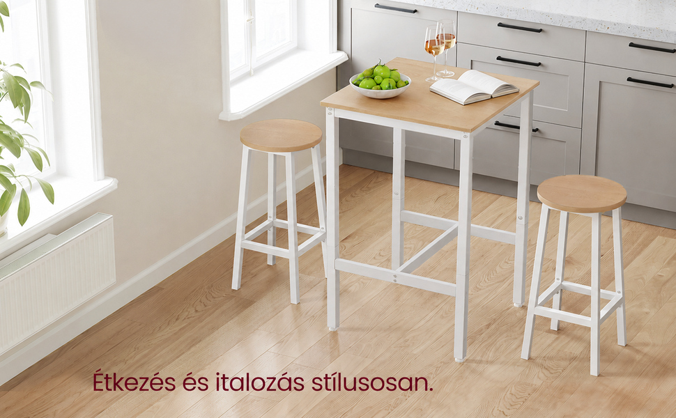 Termékbemutató – VASAGLE BARNET magas bárasztal lábtartóval, 60 × 60 × 92 cm, tölgybézs-fehér