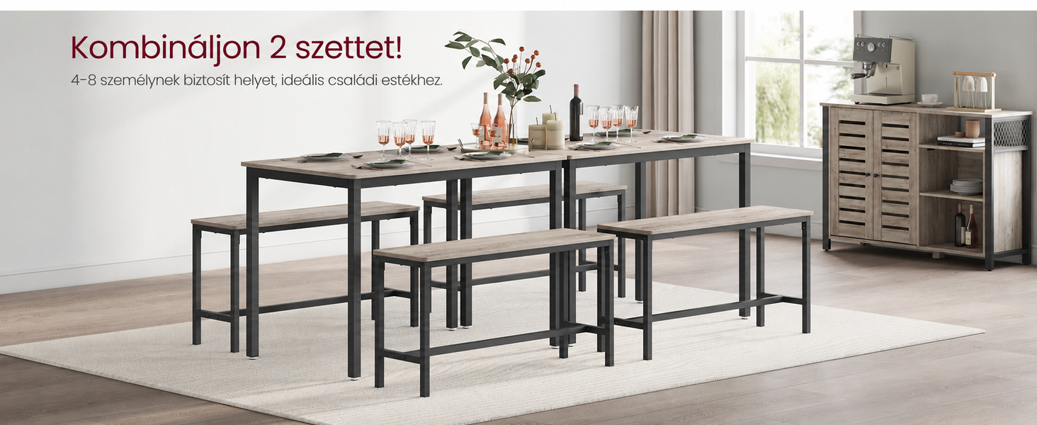 Étkezőasztal 2 paddal, 4 személyes, 110 × 70 cm, szürkésbézs-fekete – VASAGLE BARNET – 2. termékkép