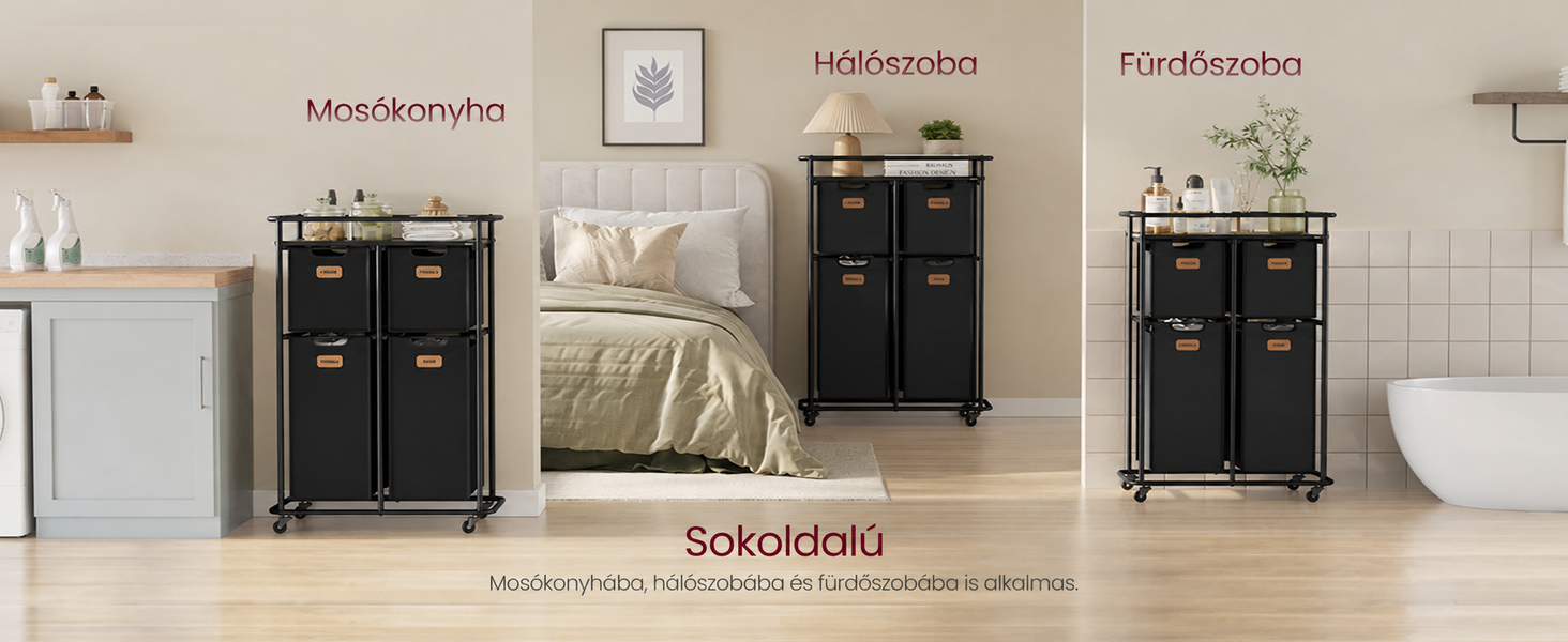 Gurulós szennyestartó, 150 l, 4 kivehető zsákkal és polccal, fekete-barna – VASAGLE – 1. termékkép
