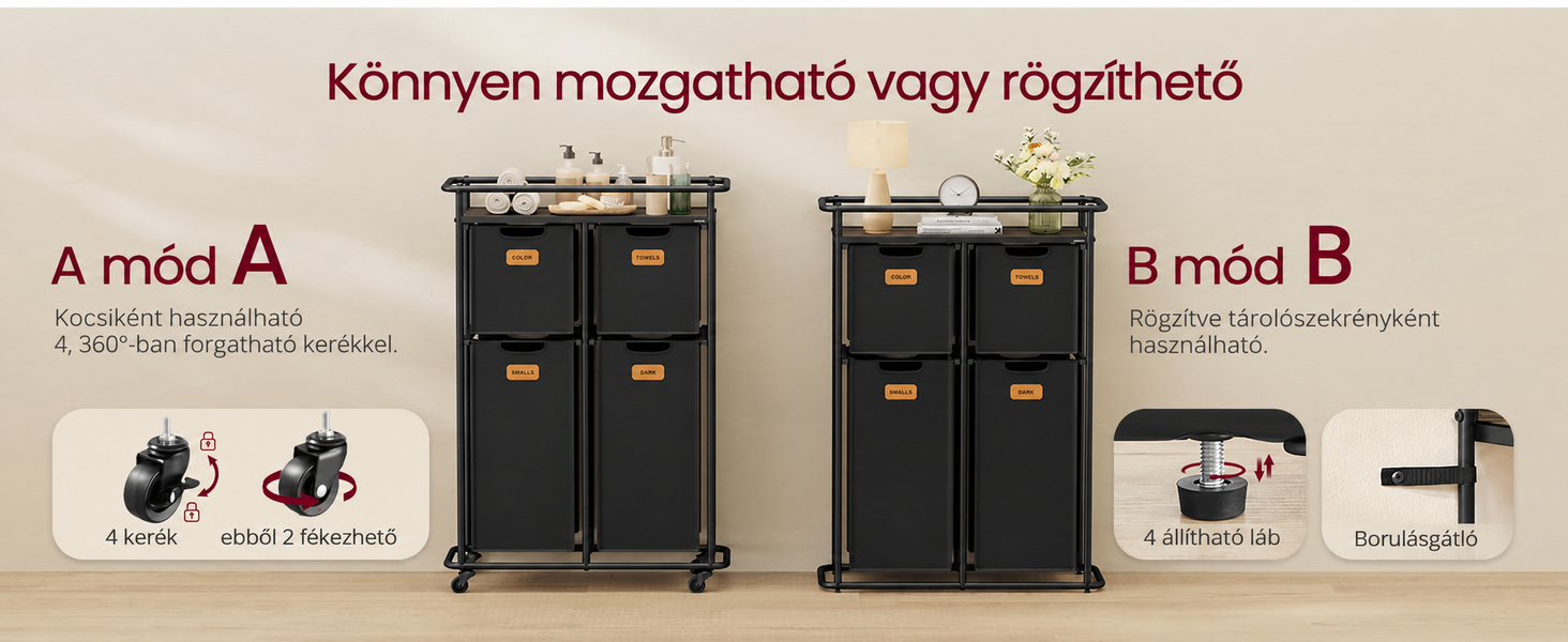 Gurulós szennyestartó, 150 l, 4 kivehető zsákkal és polccal, fekete-barna – VASAGLE – 2. termékkép